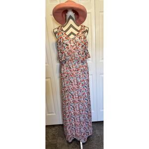 Lily Rose Floral Print Women's V Neck Maxi Dress XS Criss Cross Back Tiered Slit